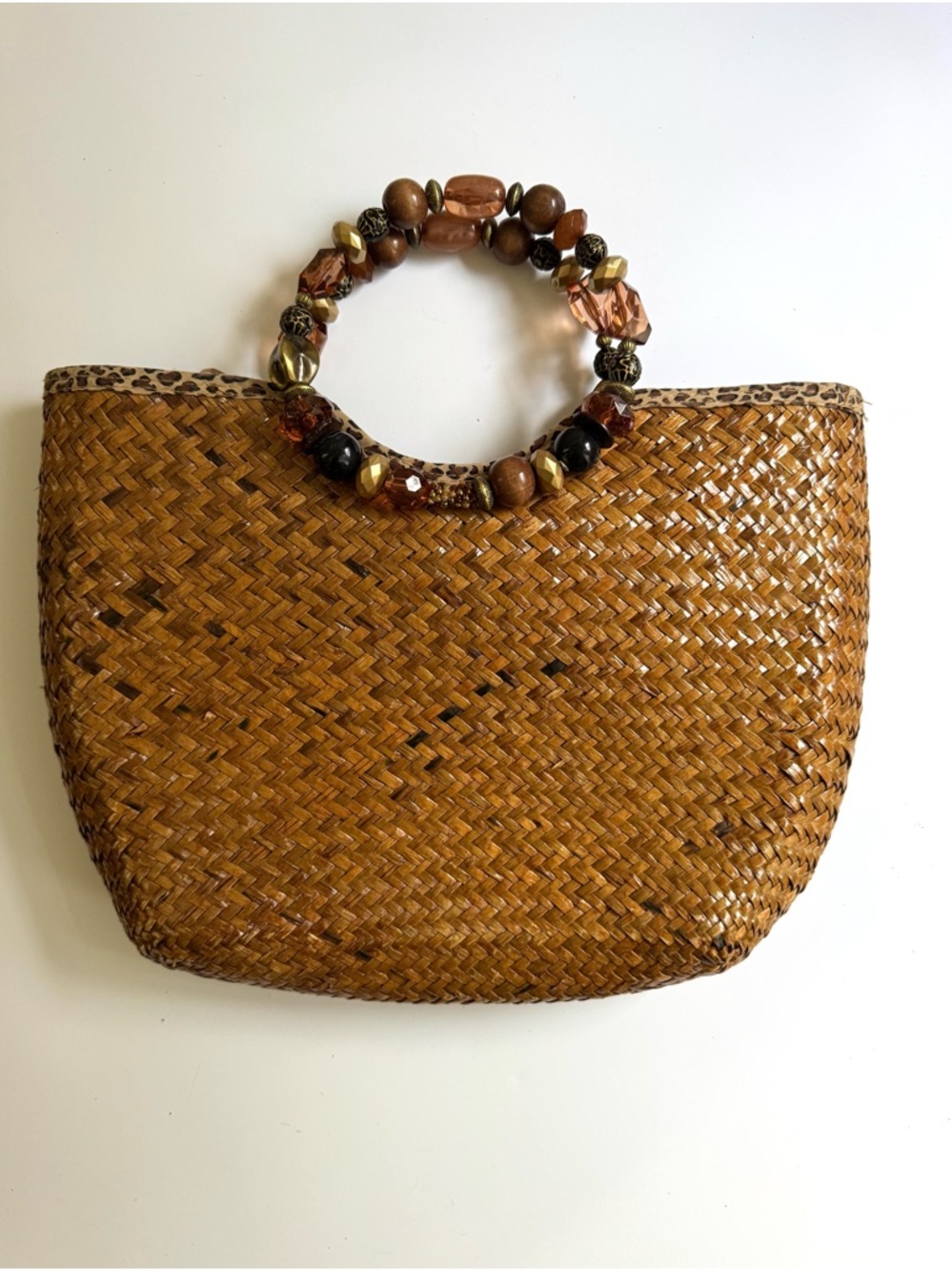 Blue Miami Brown Straw Tote with Beaded Handles